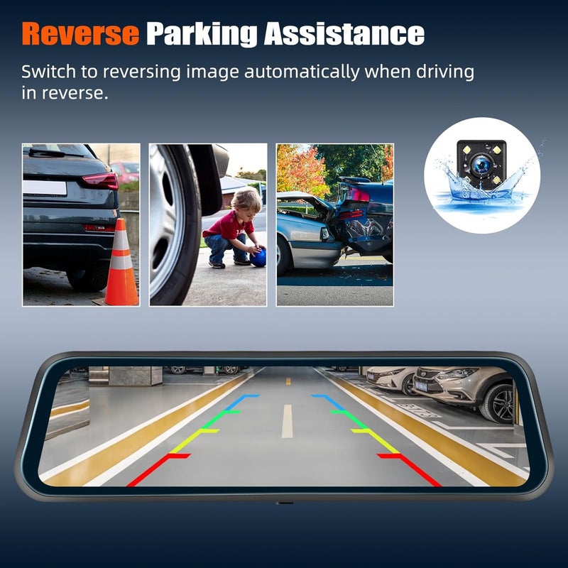 AMprime 9.66" Mirror Dash Cam,1080P Touchscreen Rear View Mirror Front and Rear View Dual Cameras,Super Night Vision,G-Sensor,Loop Recording,Parking Assistance,24H Parking Monitor,HD Waterproof Backup Camera - Image 5